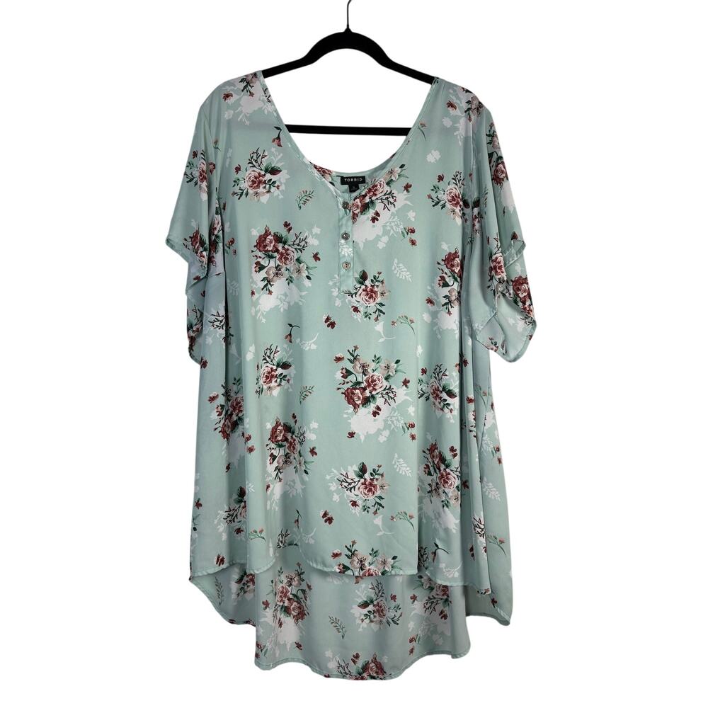 Torrid Mint Green Floral High Low Tunic Blouse Split Neck Flutter Sleeve 5X